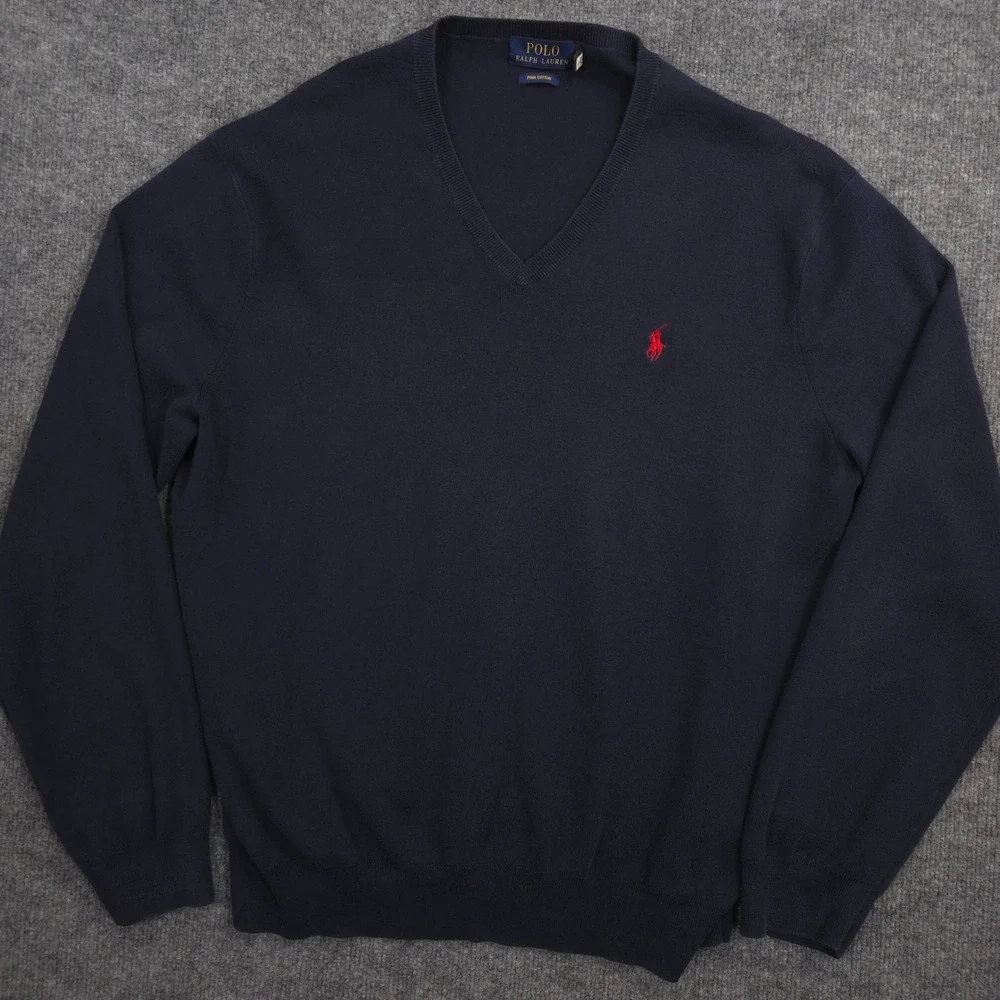 Polo Ralph Lauren Sweater Mens XL Navy Blue Red Pony Knit V Neck Pullover Preppy